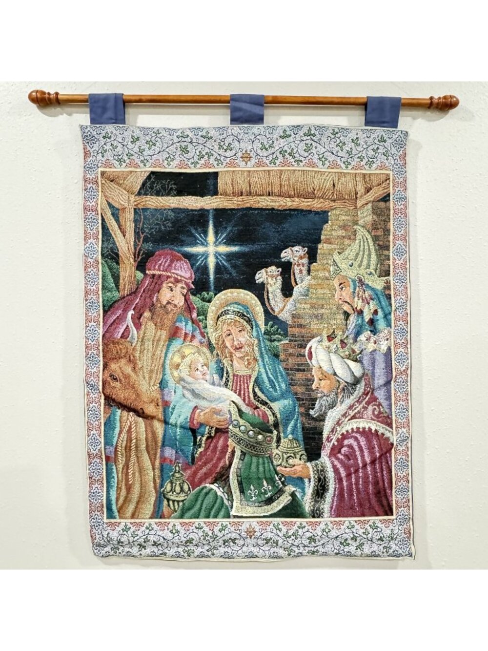 Vtg Nativity Scene Tapestry 34x25" Wood Rod Wall Hanging Christmas Jesus Mary